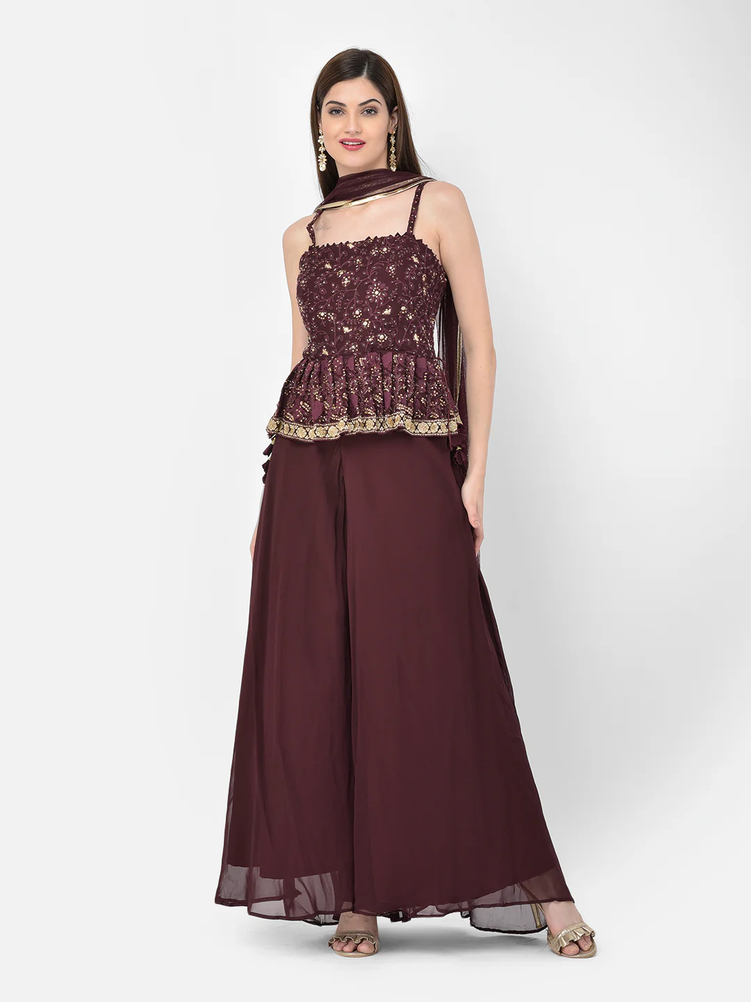 Neerus'S Wine Color Georgette Fabric Suit-Peplum - Image 2