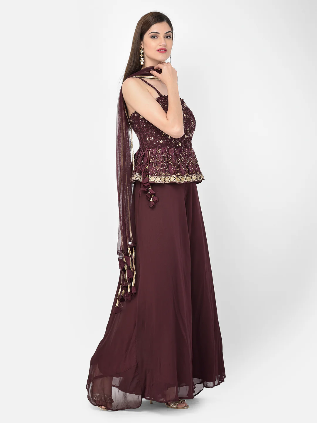 Neerus'S Wine Color Georgette Fabric Suit-Peplum - Image 3