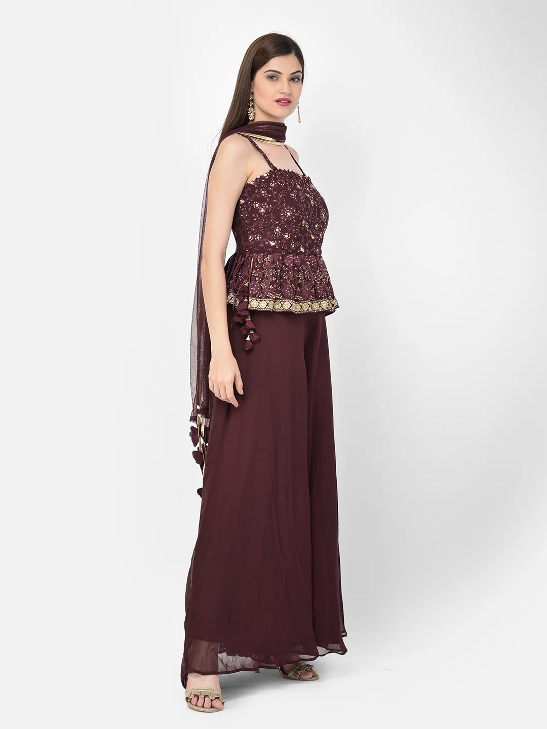 Neerus'S Wine Color Georgette Fabric Suit-Peplum - Image 4