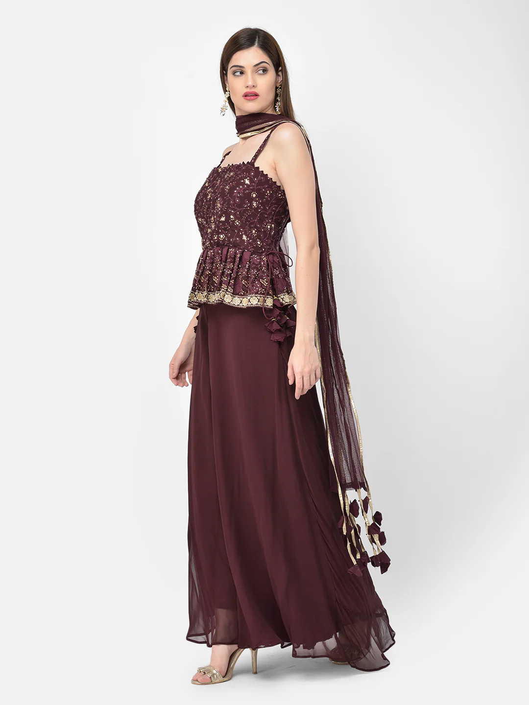 Neerus'S Wine Color Georgette Fabric Suit-Peplum - Image 5