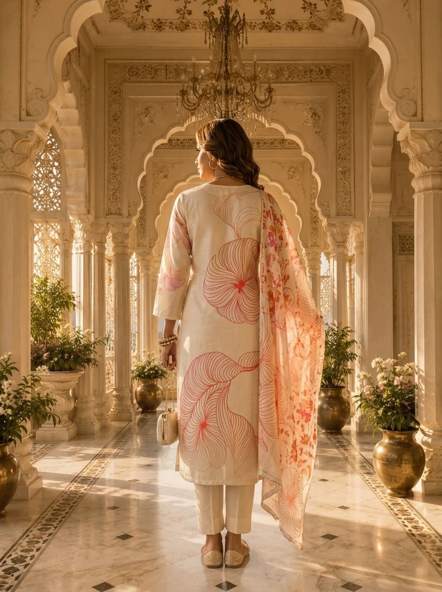 Off White And Orange Rayon Floral Printed Three Piece Set - Image 2
