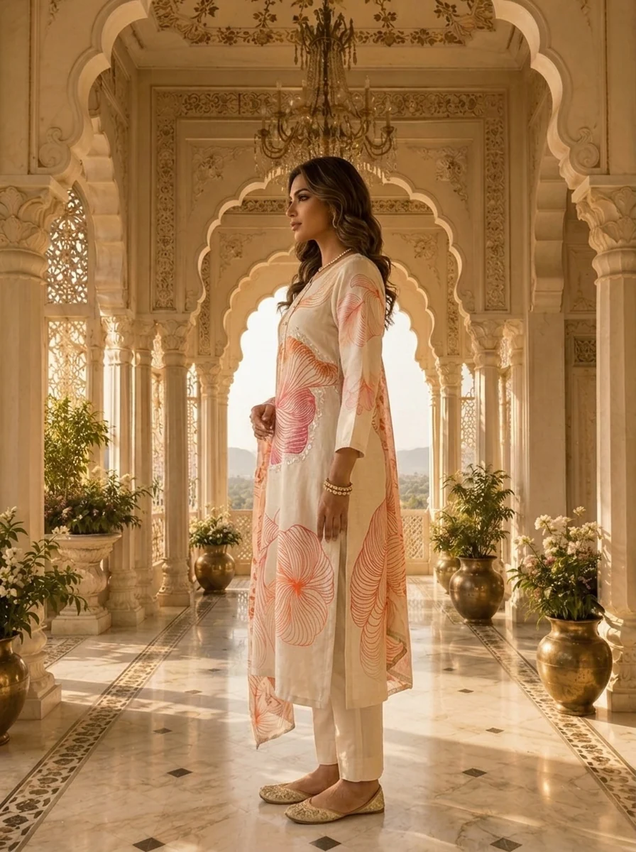 Off White And Orange Rayon Floral Printed Three Piece Set - Image 3