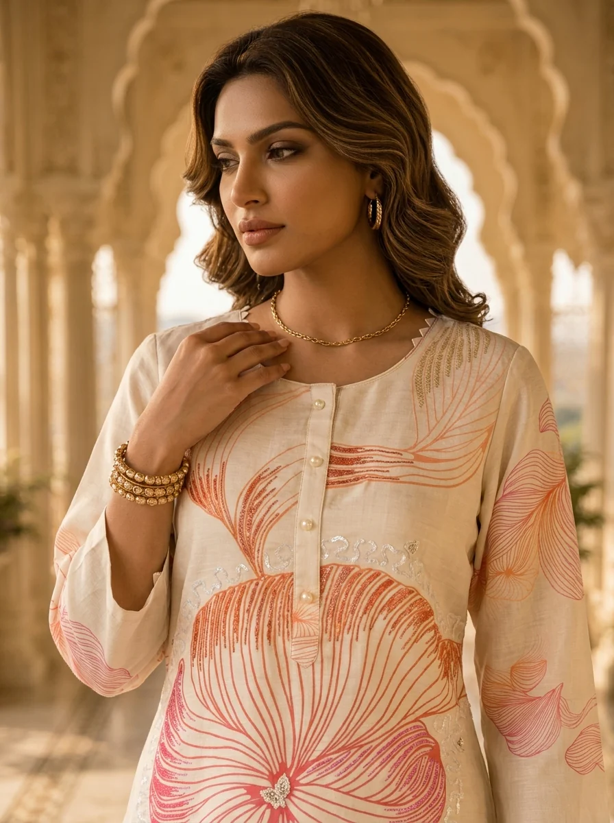 Off White And Orange Rayon Floral Printed Three Piece Set - Image 4