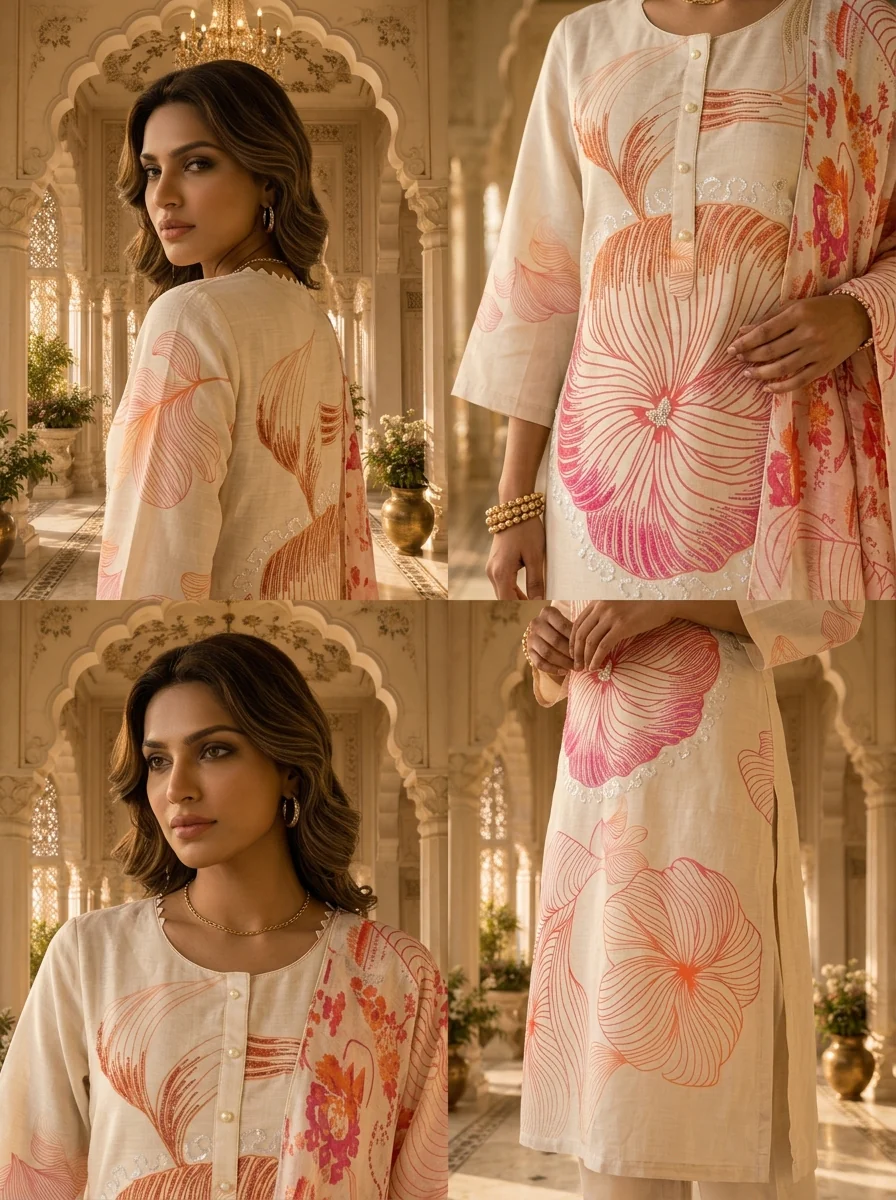 Off White And Orange Rayon Floral Printed Three Piece Set - Image 5