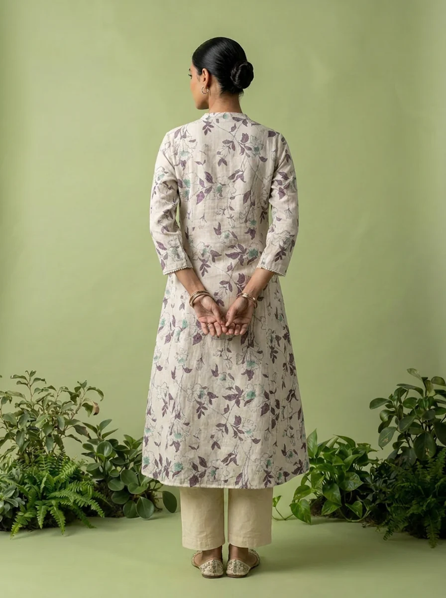 Off White And Purple Linen Printed Two Piece Set - Image 2