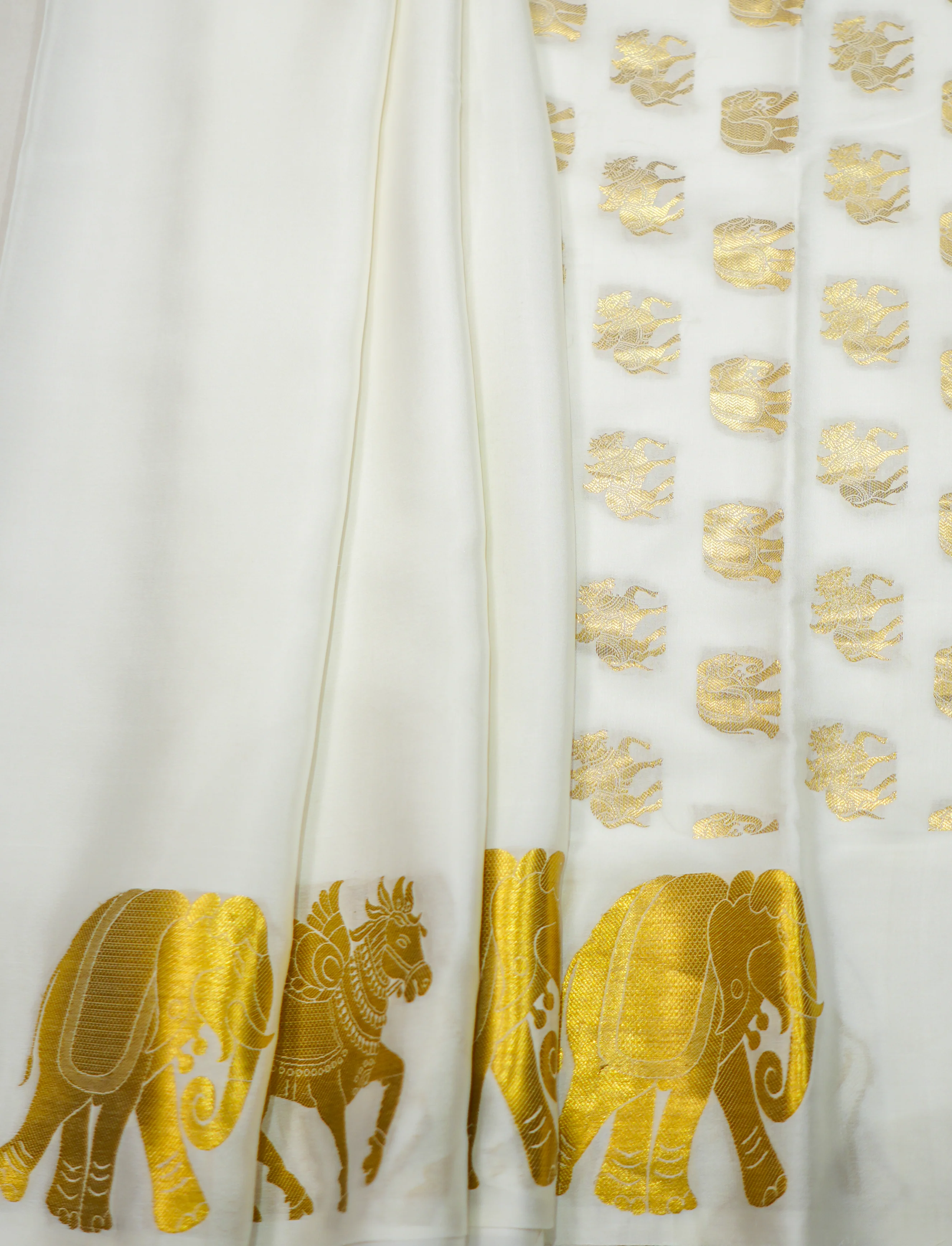 Off White Chapa Silk Gold Zari With Elephant And Unicorn Design - Image 2
