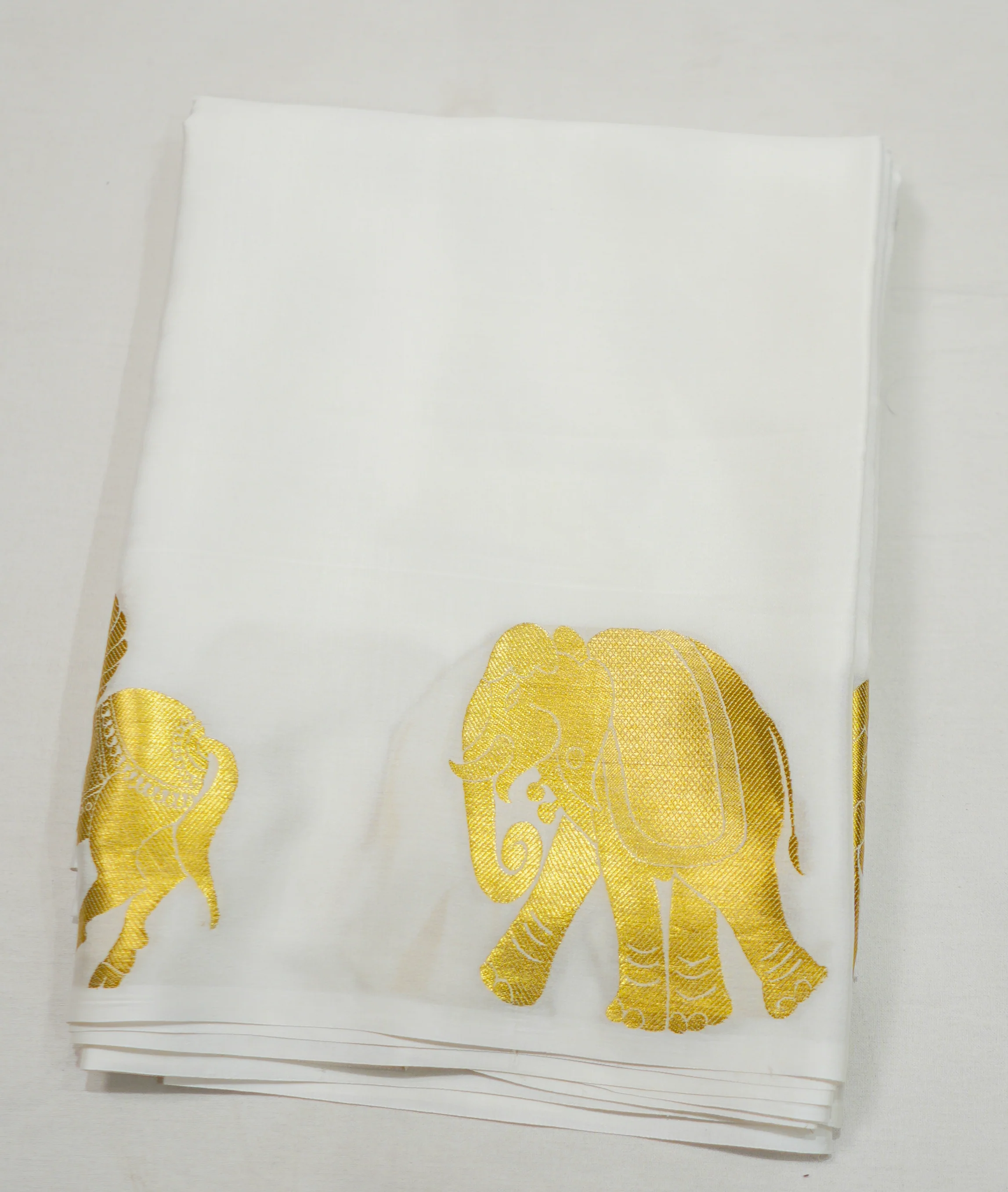Off White Chapa Silk Gold Zari With Elephant And Unicorn Design - Image 5