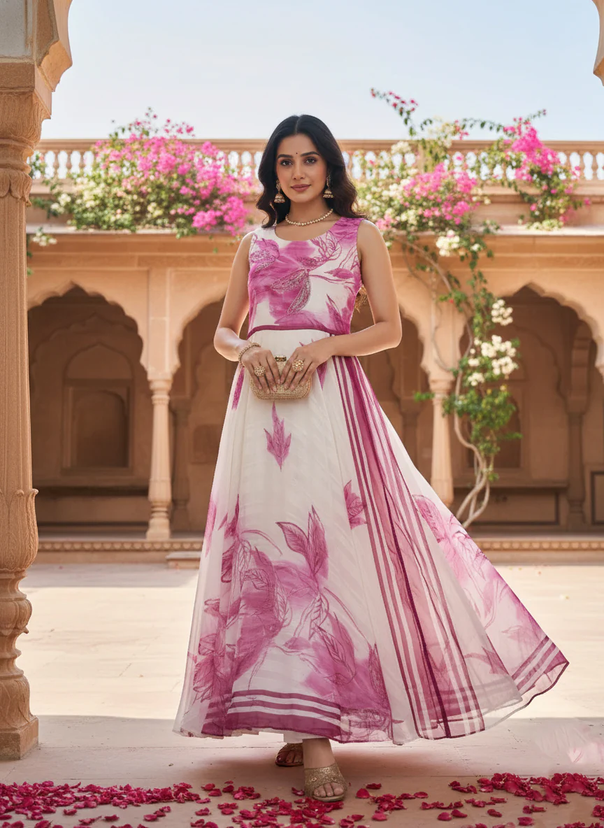 Off White Chiffon Floral Printed Long Dress