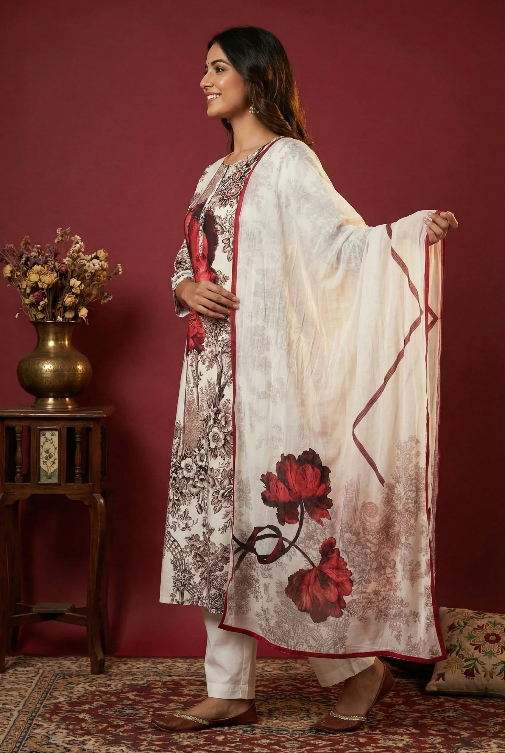 Off White Cotton Floral Digital Printed Three Piece Set - Image 2