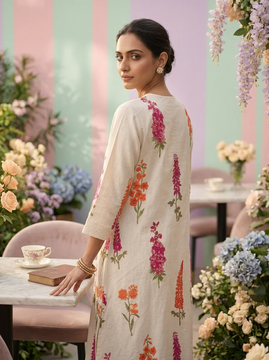 Off White Cotton Floral Digital Printed Two Piece Set - Image 2