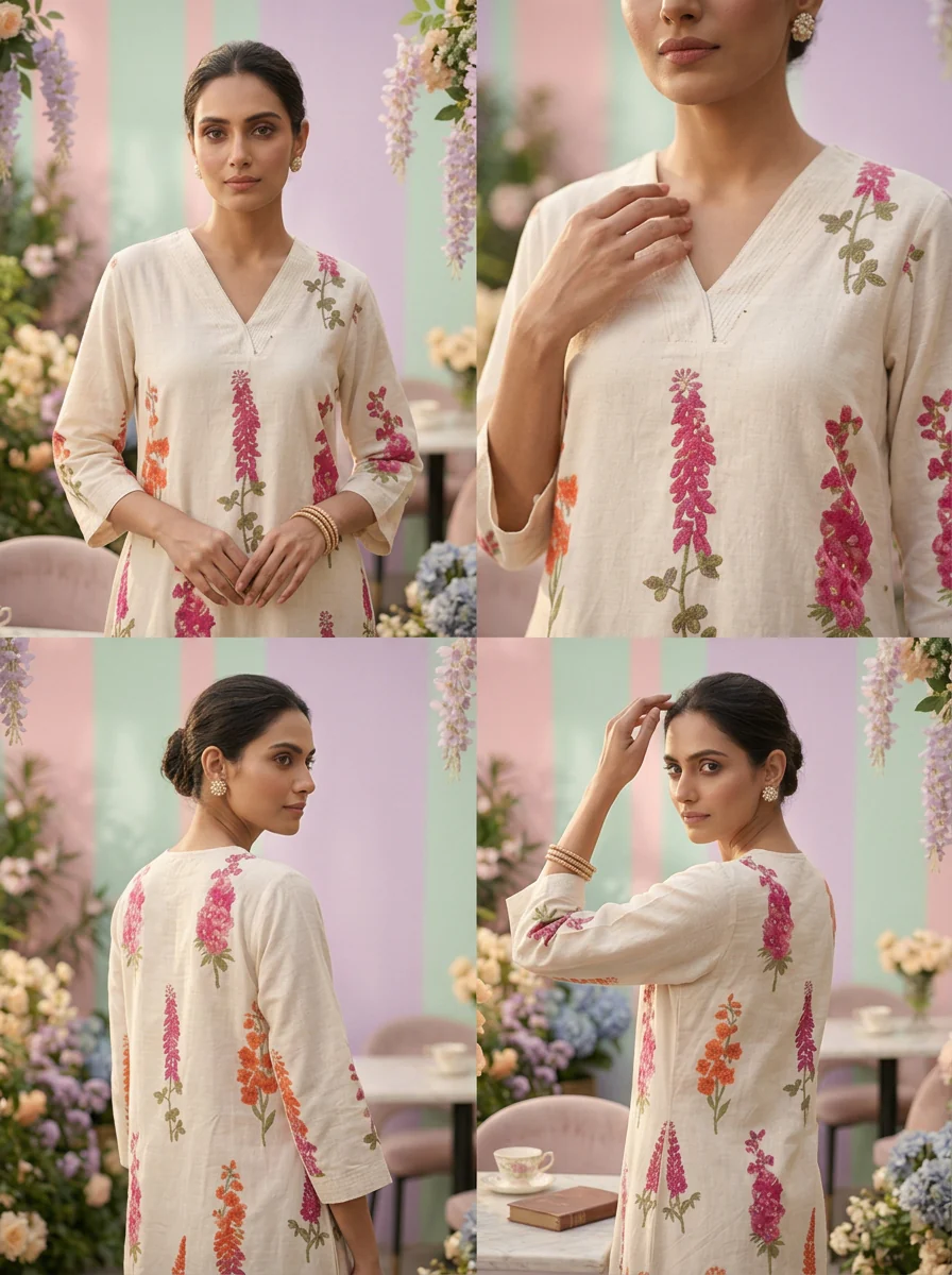 Off White Cotton Floral Digital Printed Two Piece Set - Image 5