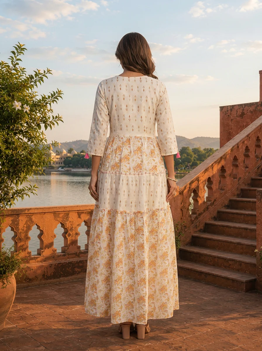 Off White Cotton Floral Jaal Printed Dress - Image 2