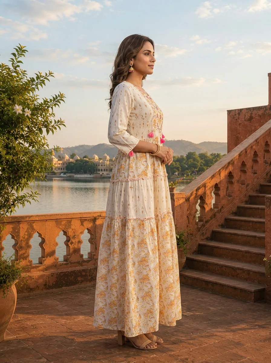 Off White Cotton Floral Jaal Printed Dress - Image 3