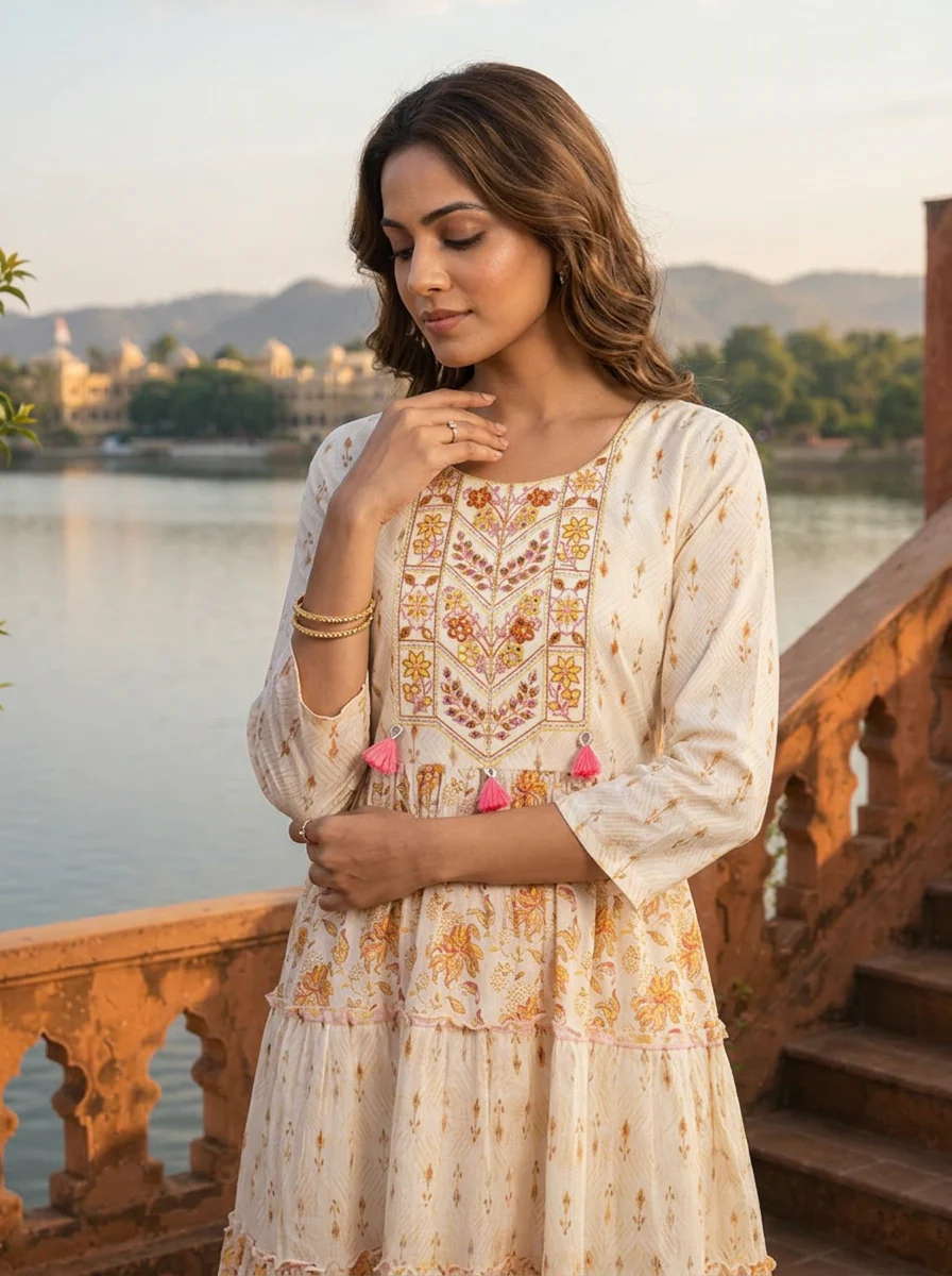 Off White Cotton Floral Jaal Printed Dress - Image 4
