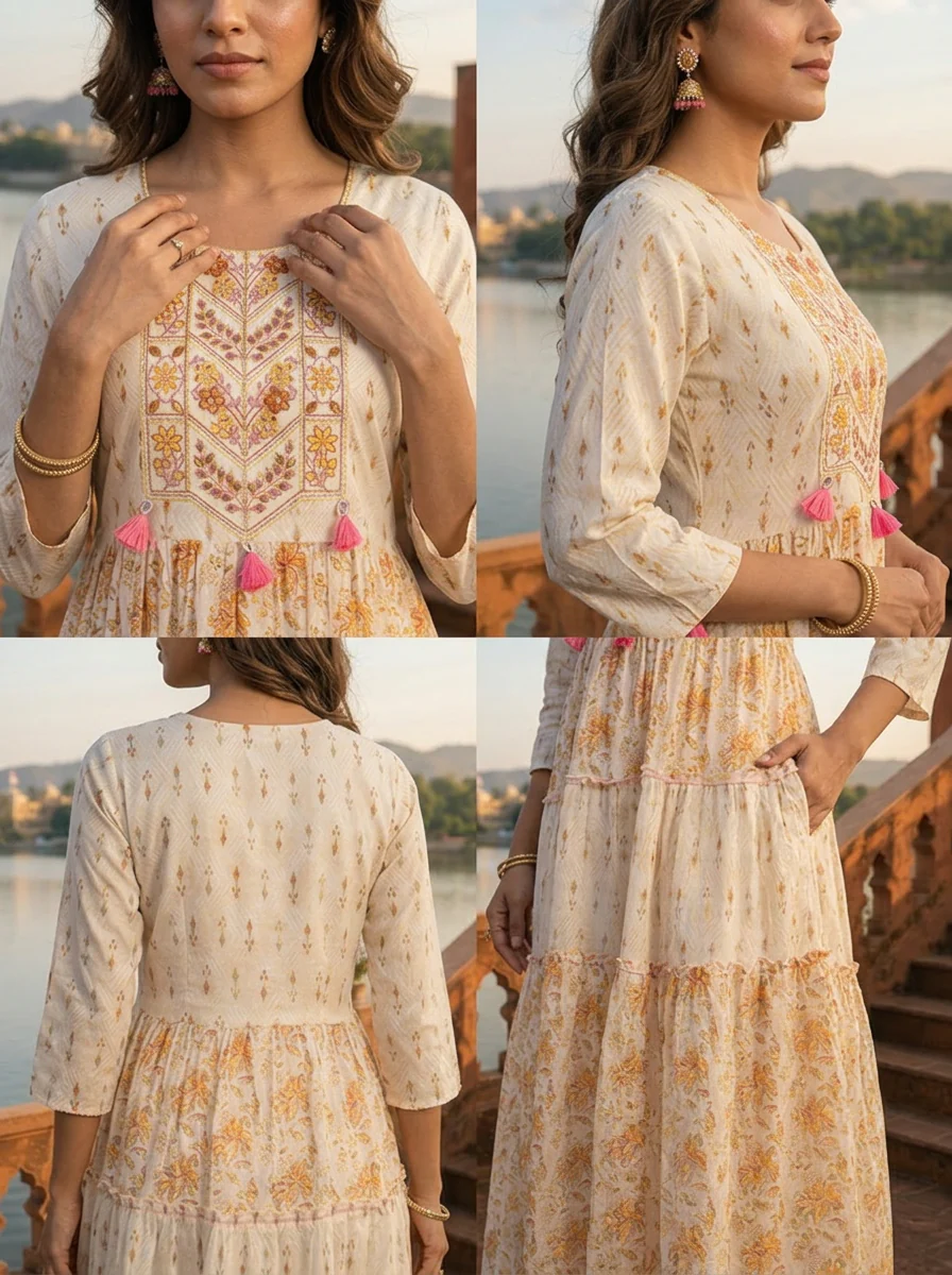 Off White Cotton Floral Jaal Printed Dress - Image 5