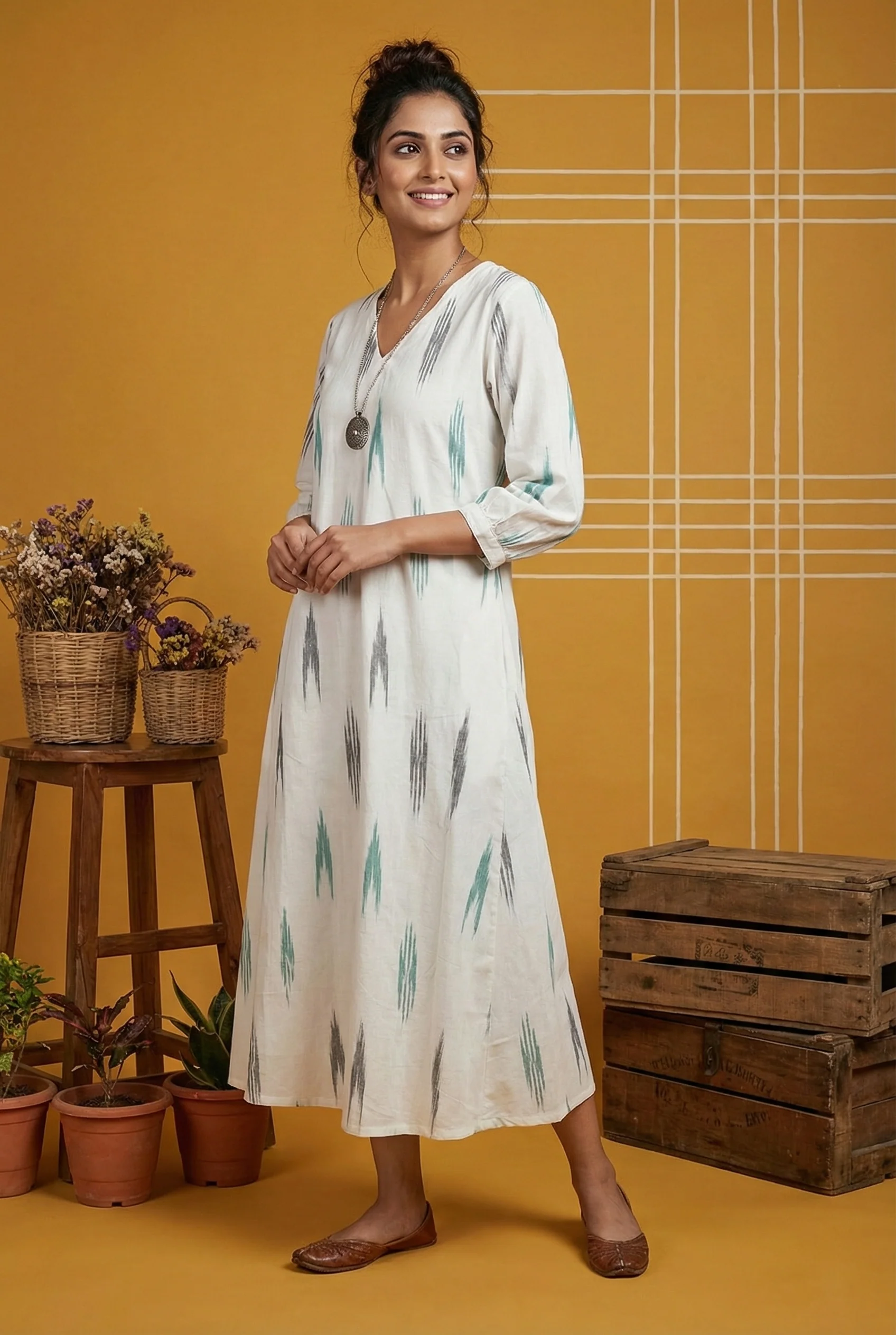 Off-White Cotton Ikat Print A-Line Kurta - Image 2