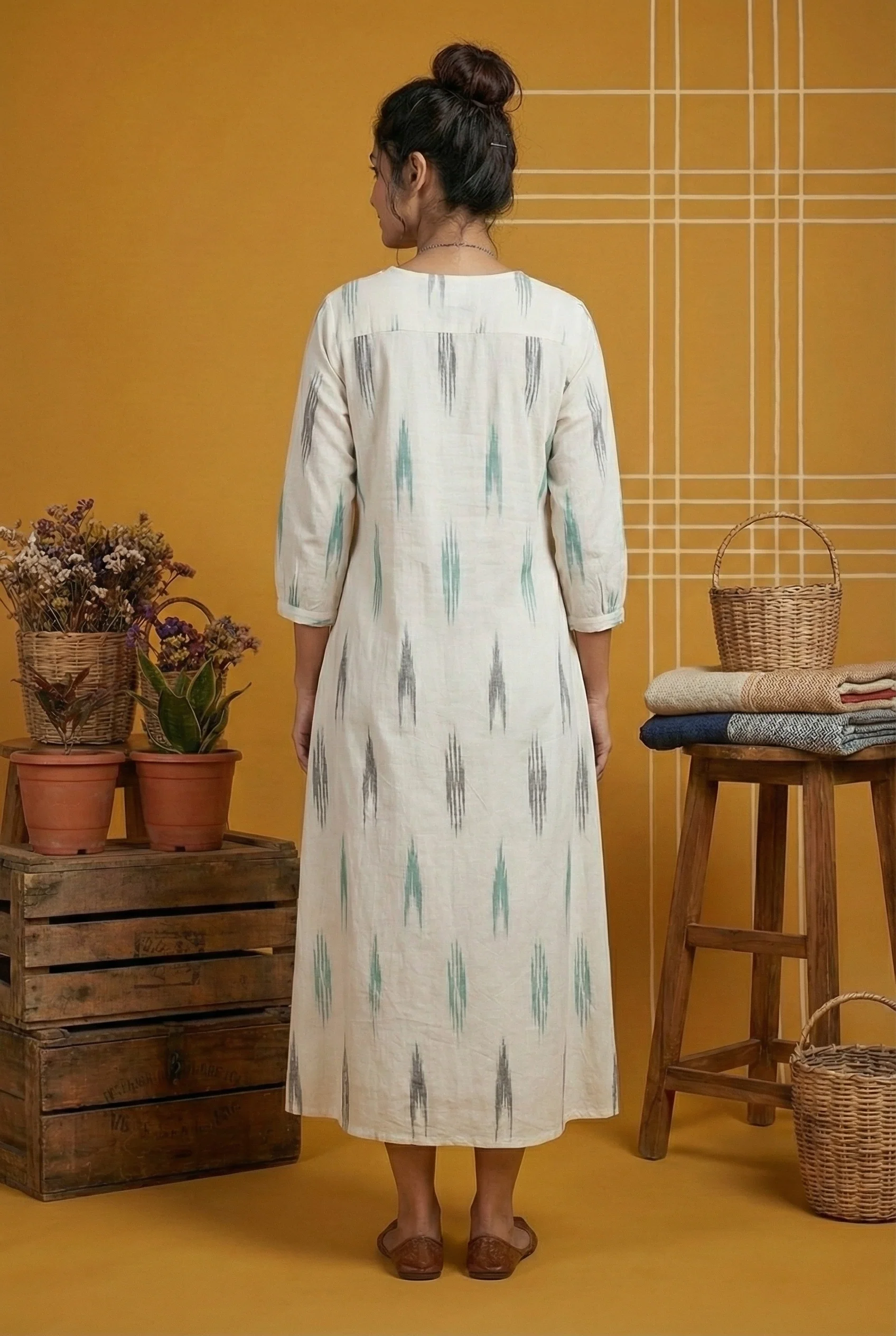 Off-White Cotton Ikat Print A-Line Kurta - Image 3
