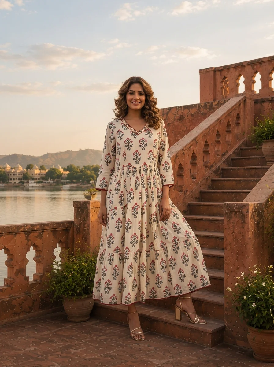 Off White Cotton Mughal Flower Bunch Motifs Printed Dress