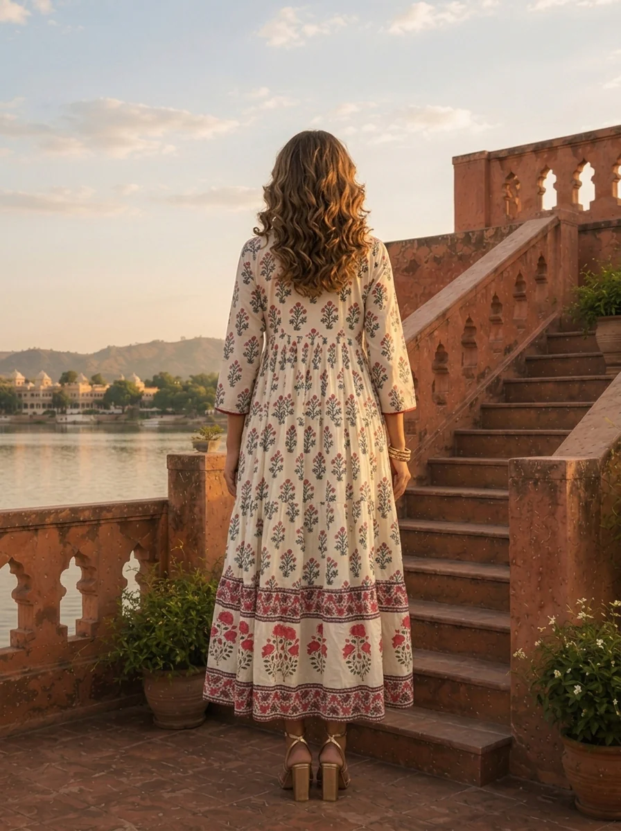 Off White Cotton Mughal Flower Bunch Motifs Printed Dress - Image 2