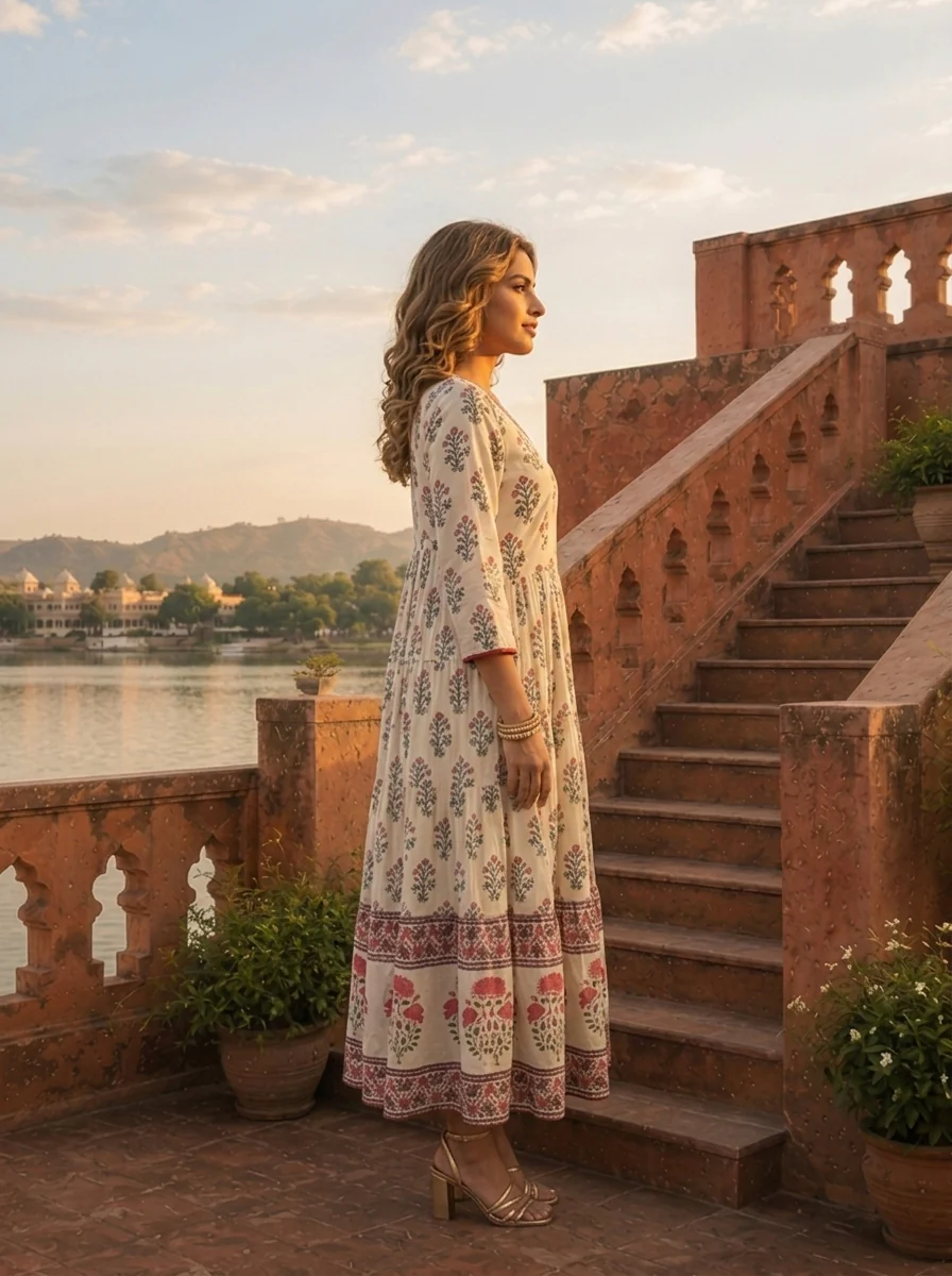Off White Cotton Mughal Flower Bunch Motifs Printed Dress - Image 3