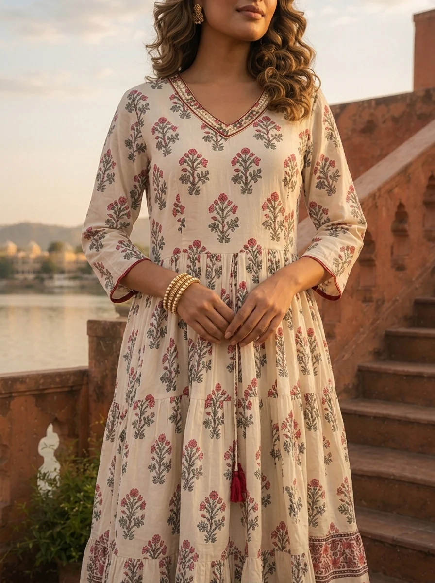 Off White Cotton Mughal Flower Bunch Motifs Printed Dress - Image 4