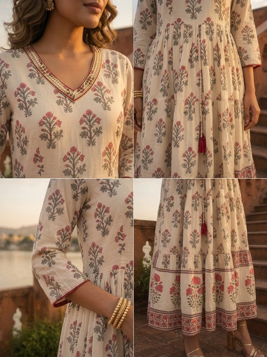Off White Cotton Mughal Flower Bunch Motifs Printed Dress - Image 5