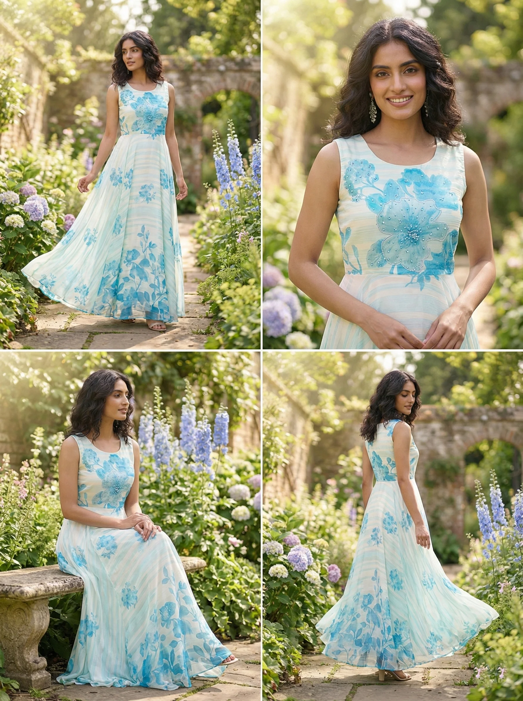 Off White Georgette Floral Digital Print Long Dress - Image 5