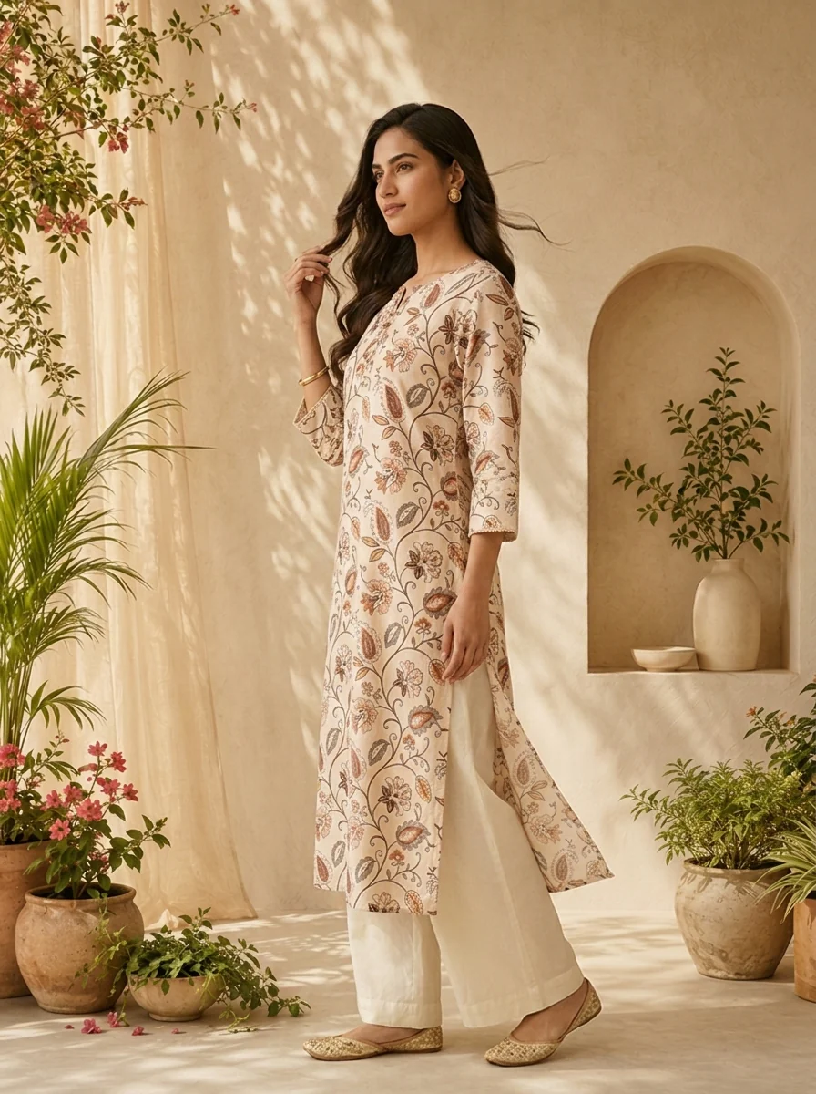 Off White Linen Floral Printed And Sequins Embroidery Kurta