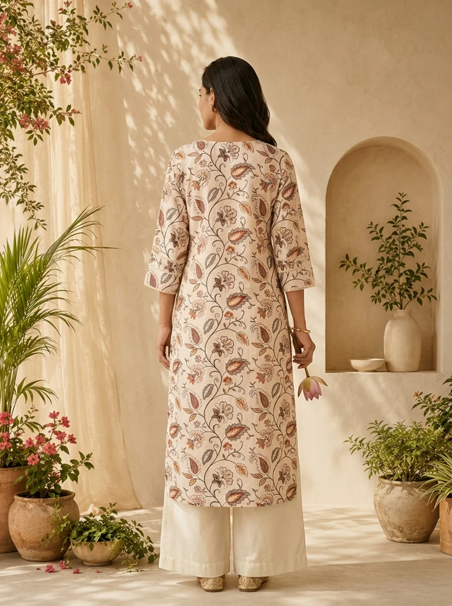 Off White Linen Floral Printed And Sequins Embroidery Kurta - Image 3