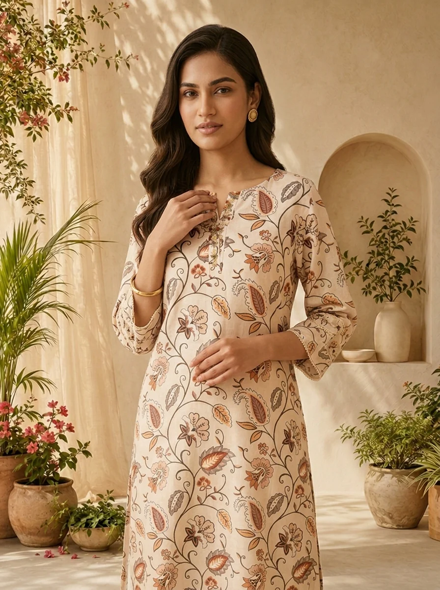 Off White Linen Floral Printed And Sequins Embroidery Kurta - Image 4