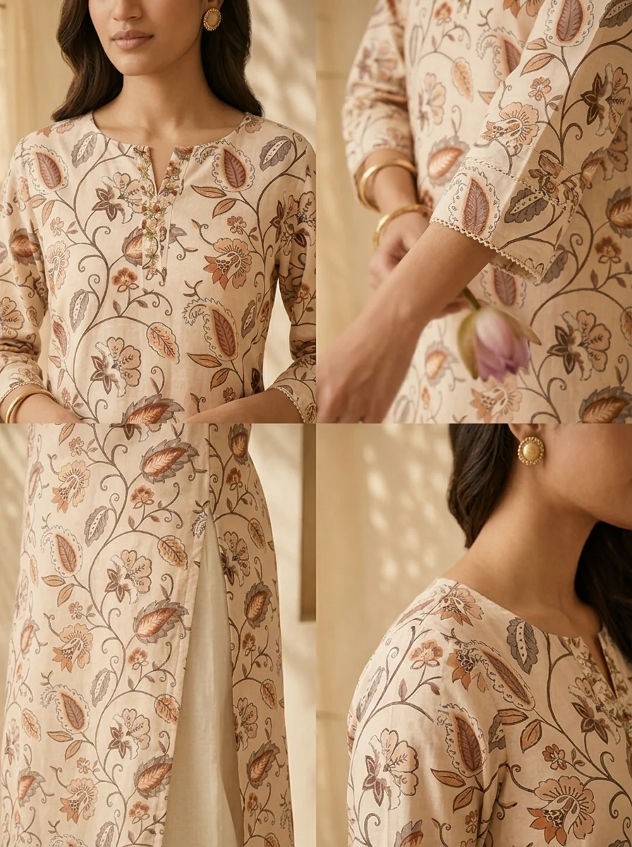 Off White Linen Floral Printed And Sequins Embroidery Kurta - Image 5