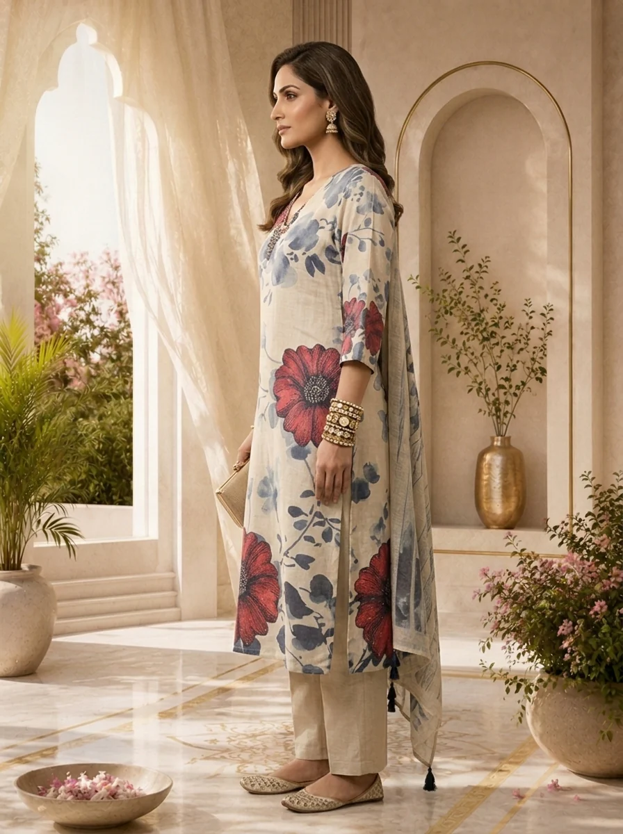 Off White Linen Floral Printed Three Piece Set - Image 2