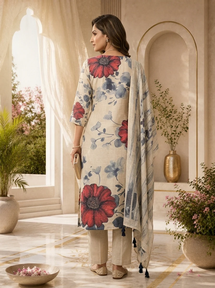Off White Linen Floral Printed Three Piece Set - Image 3