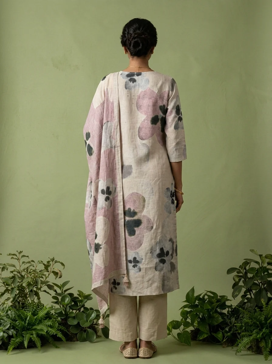 Off White Linen Floral Printed Three Piece Set - Image 3