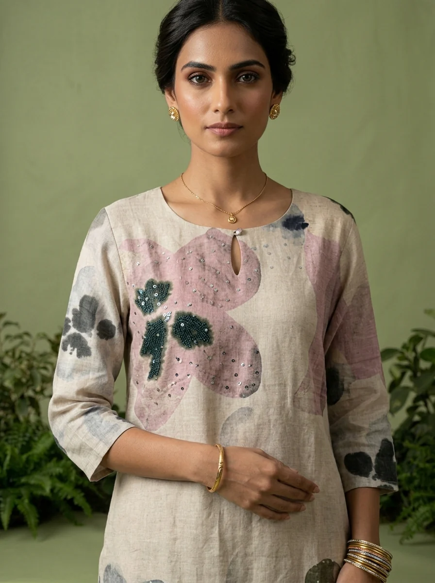 Off White Linen Floral Printed Three Piece Set - Image 4