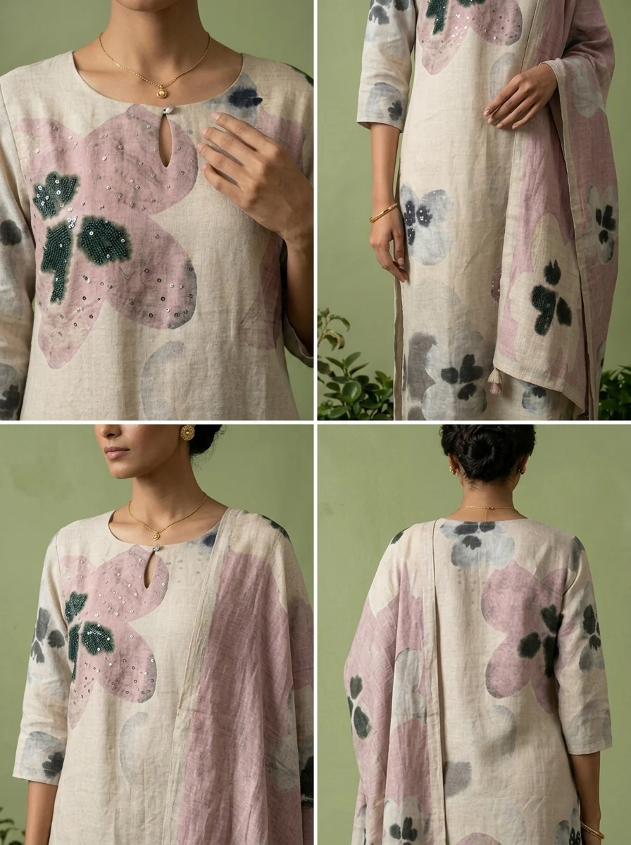 Off White Linen Floral Printed Three Piece Set - Image 5