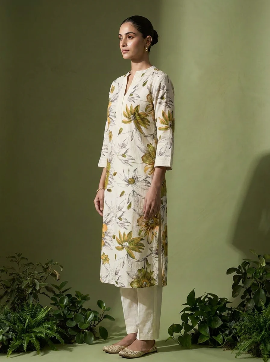 Off White Linen Floral Printed Two Piece Set - Image 3