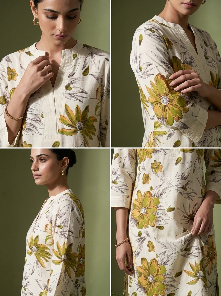 Off White Linen Floral Printed Two Piece Set - Image 5