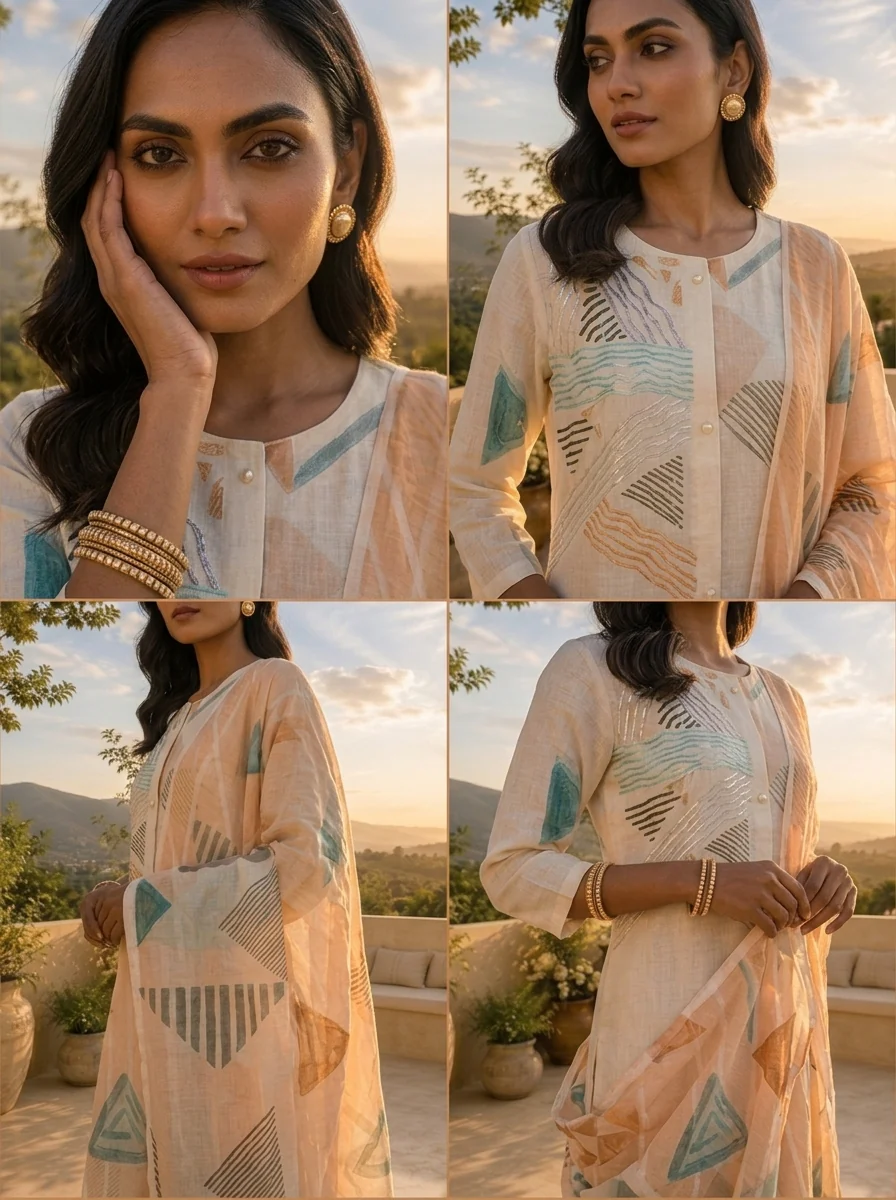Off White Linen Geometric Printed Three Piece Set - Image 5