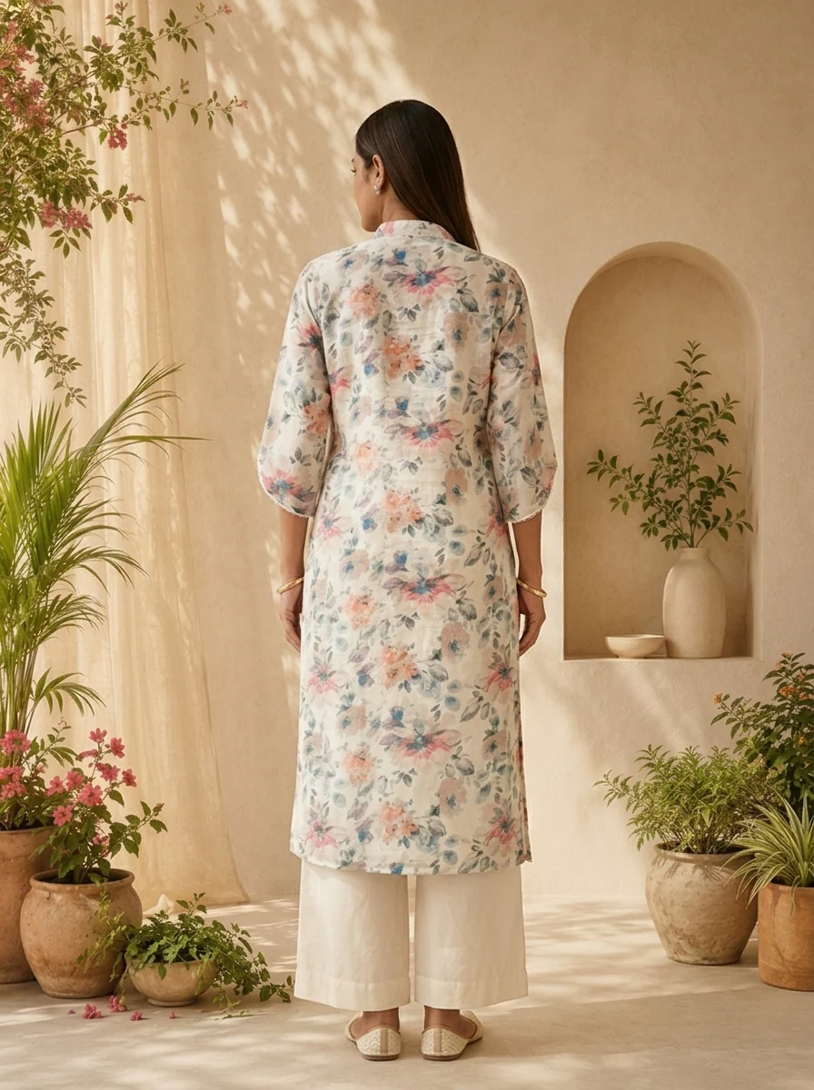 Off White Linen Sequins Hand Embroidered Kurta - Image 2