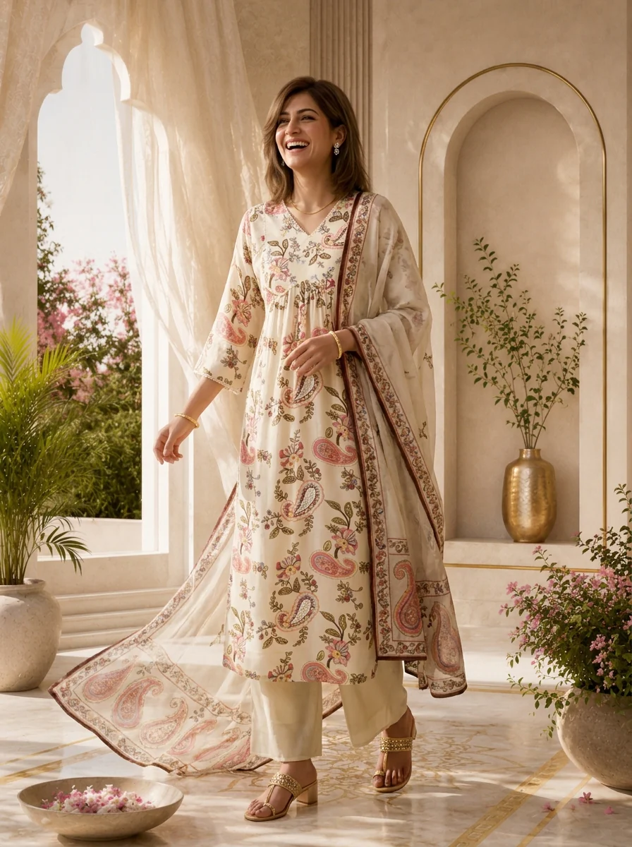 Off White Paisley Printed And Hand Embroidery Crepe Three Piece Set - Image 2