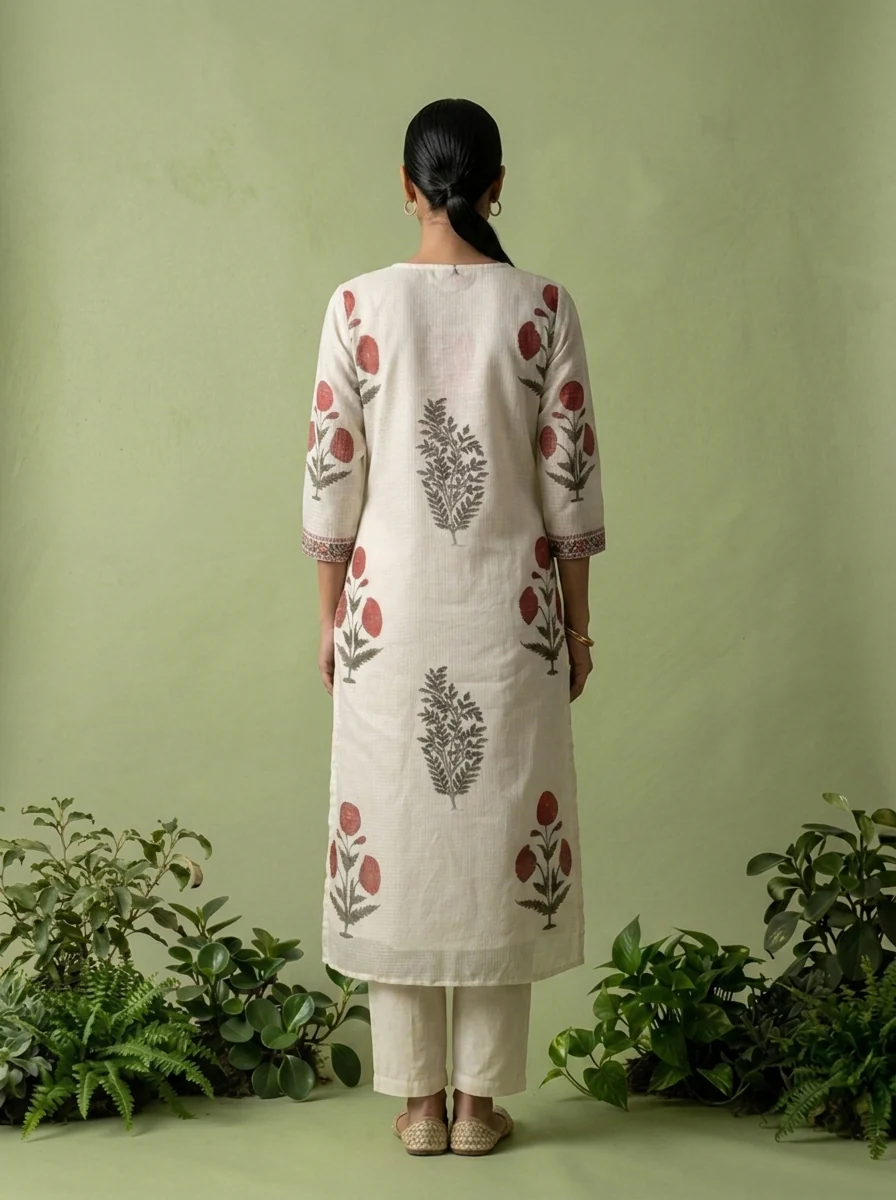 Off White Printed Cotton Three Piece Set - Image 2