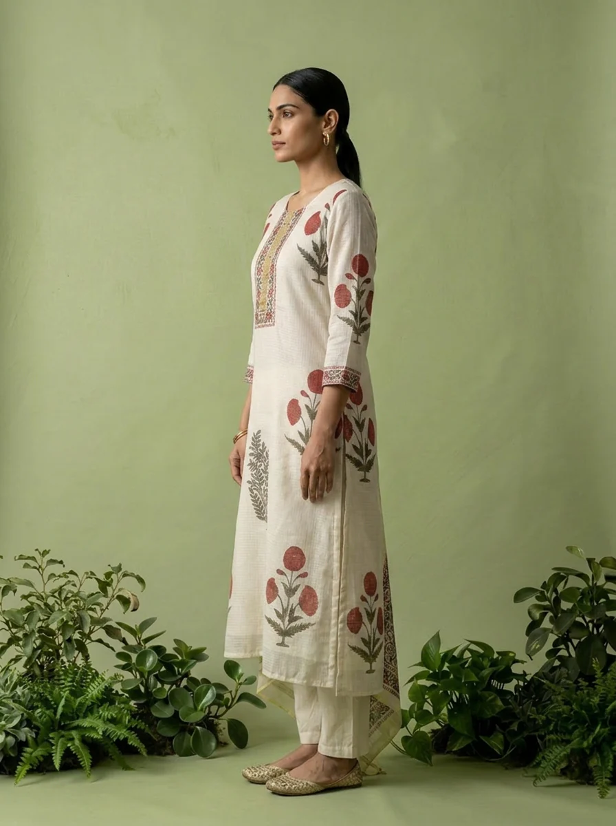 Off White Printed Cotton Three Piece Set - Image 3