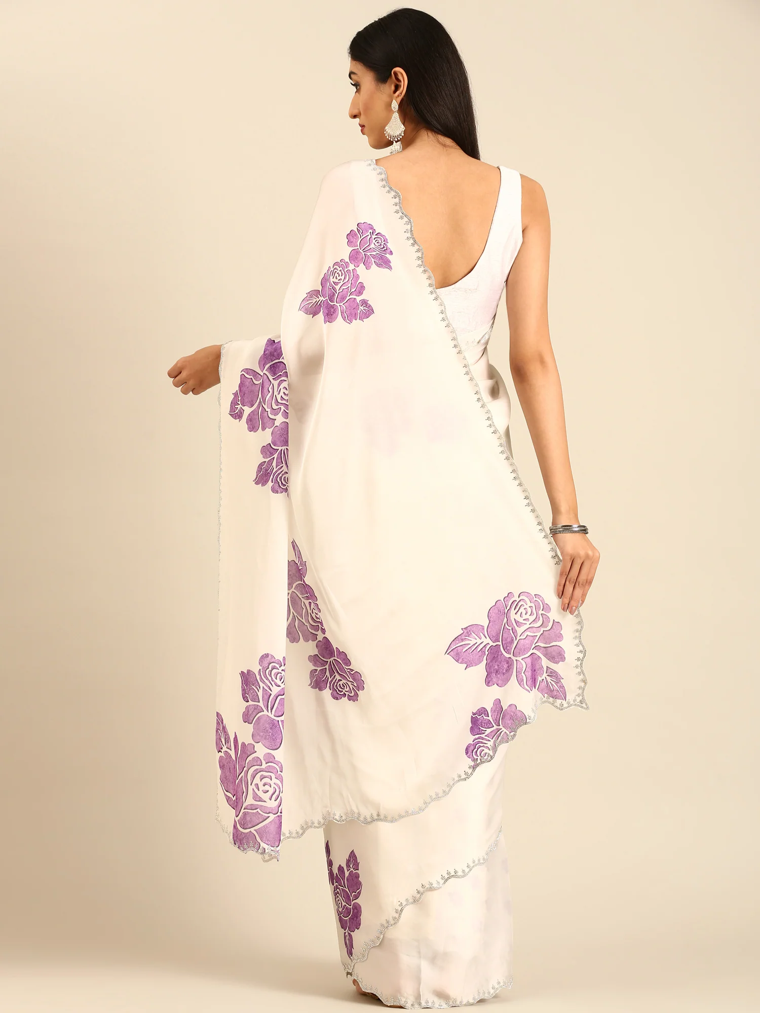 Off white printed satin saree with lavender motifs & Swarovski embroidery - Image 2