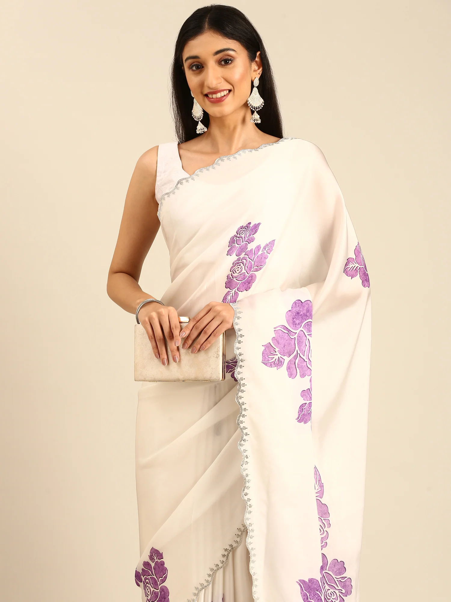 Off white printed satin saree with lavender motifs & Swarovski embroidery - Image 3