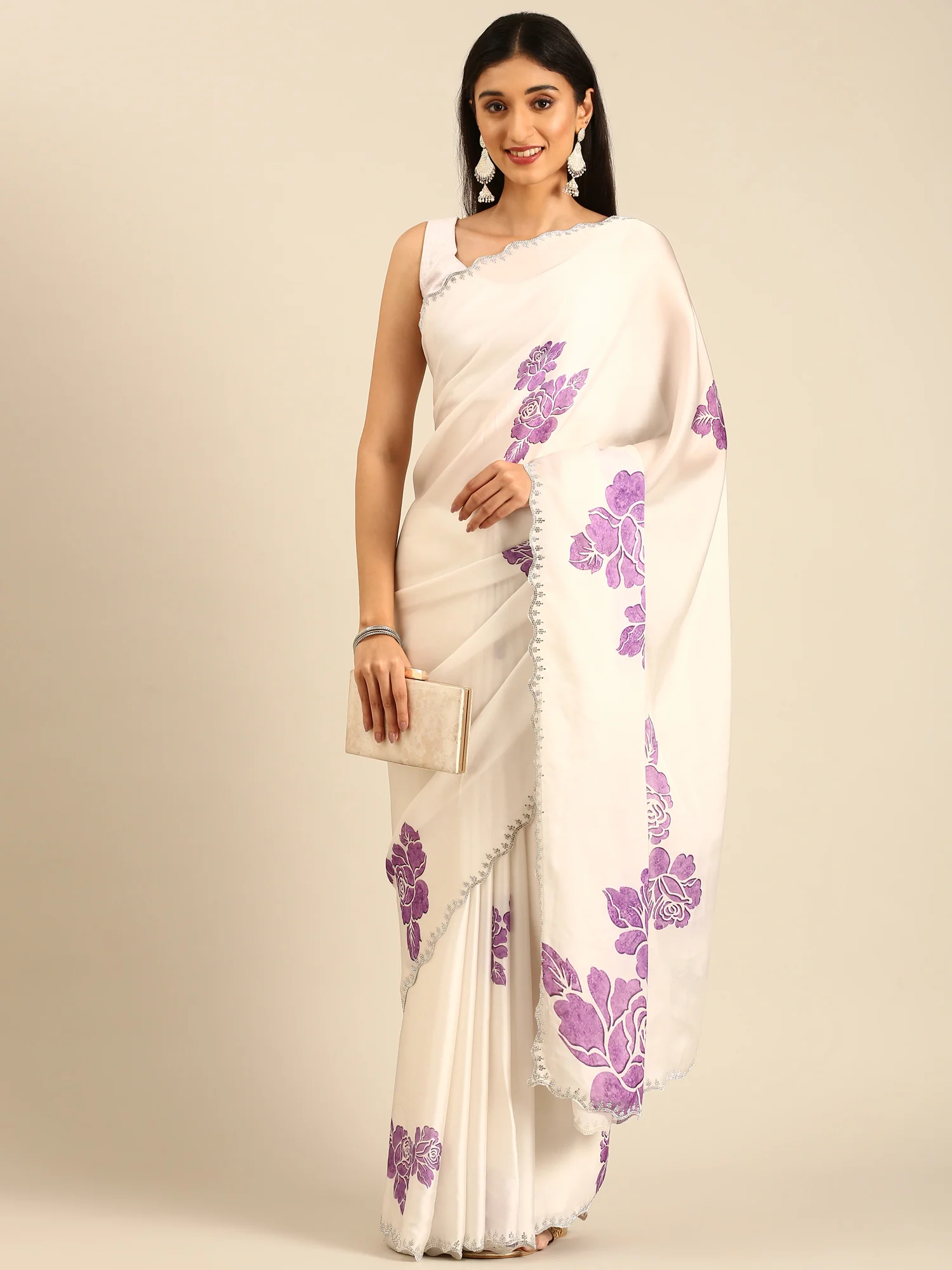 Off white printed satin saree with lavender motifs & Swarovski embroidery - Image 4