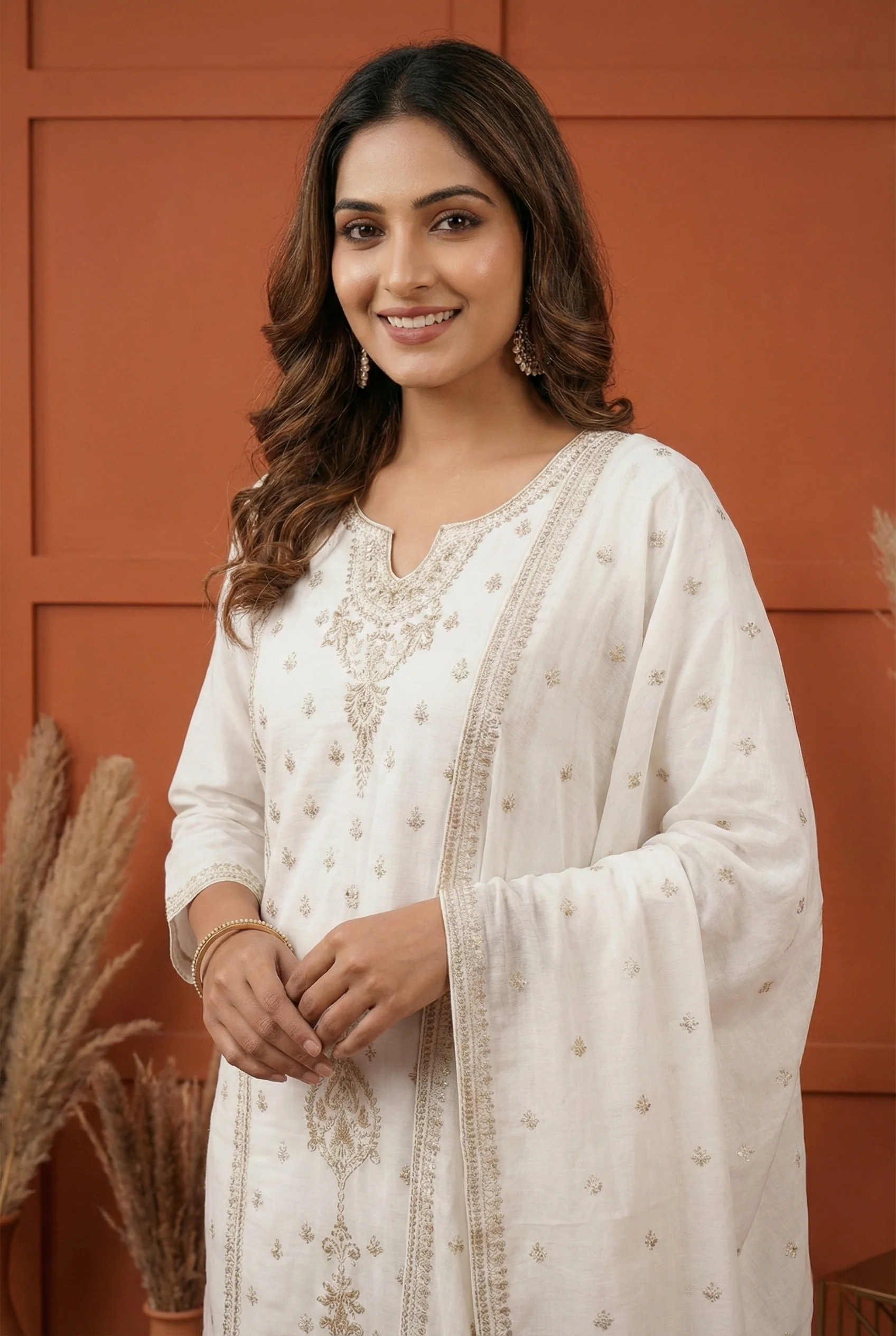 Off White Vichitra Silk Floral Embroidery Three Piece Set - Image 2