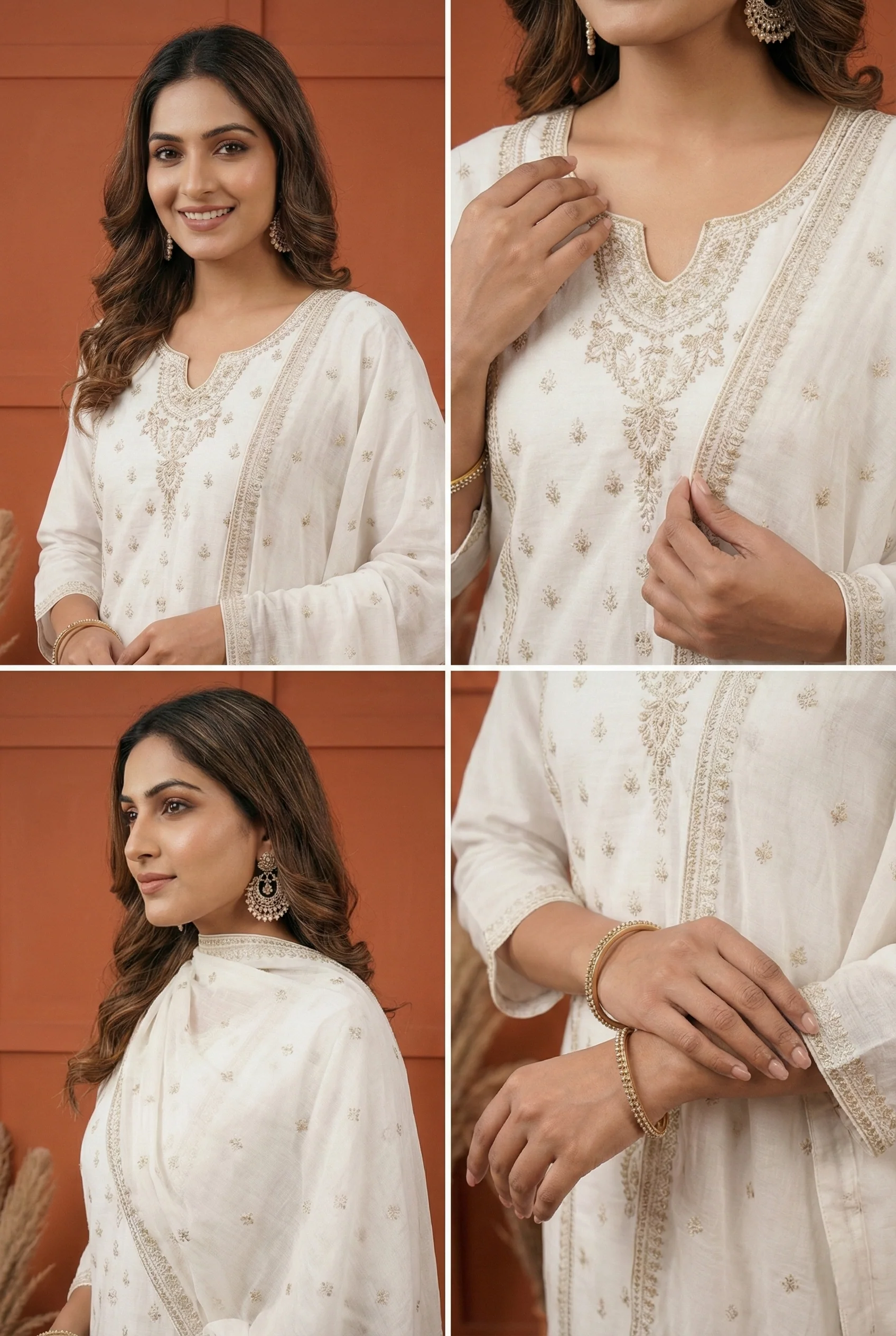 Off White Vichitra Silk Floral Embroidery Three Piece Set - Image 3