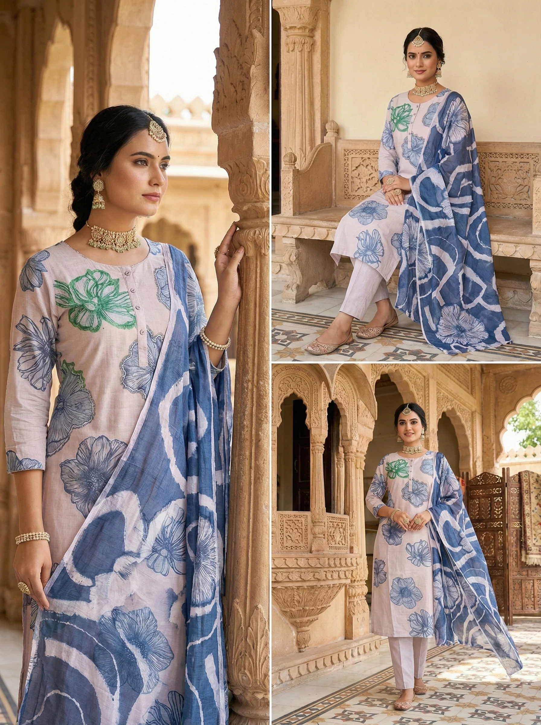 Off White Viscose Floral Printed Three Piece Set - Image 2