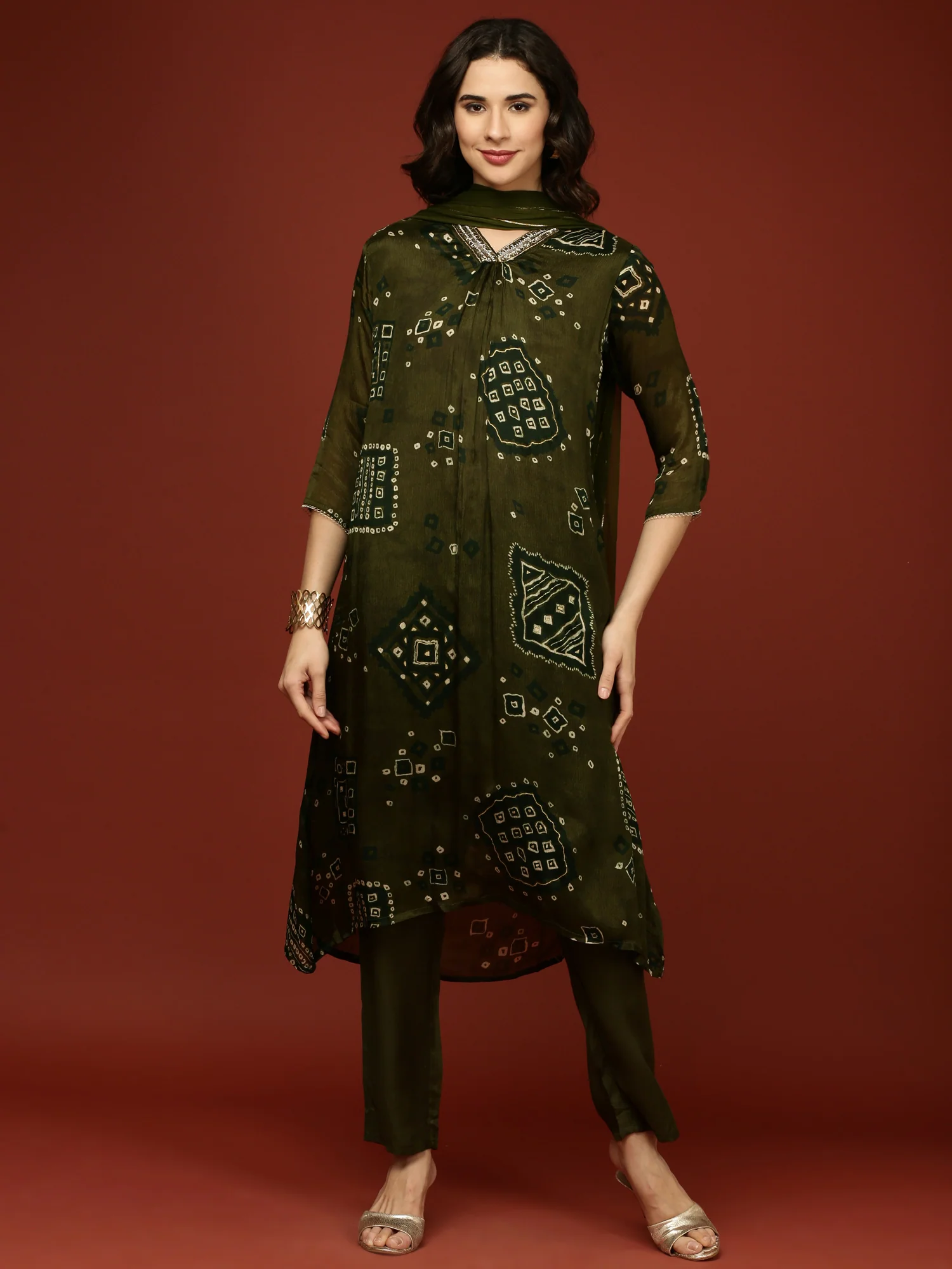Olive Chinnon Printed Three Piece Set